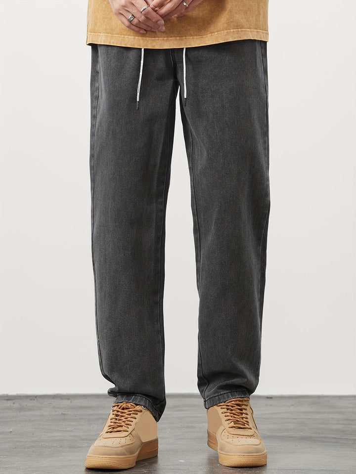 Men's Straight Leg Denim Jeans - Washed Look with Drawstring