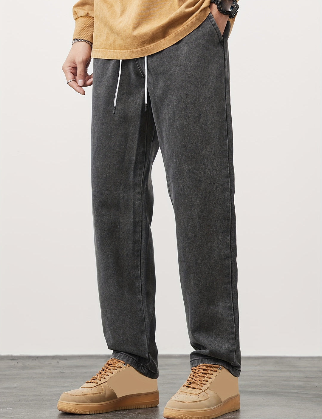 Men's Straight Leg Denim Jeans - Washed Look with Drawstring - Grey