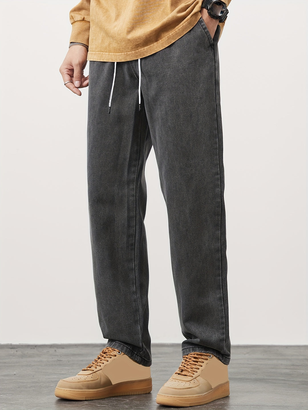 Men's Straight Leg Denim Jeans - Washed Look with Drawstring - Grey
