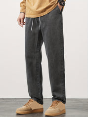 Men's Straight Leg Denim Jeans - Washed Look with Drawstring - Grey
