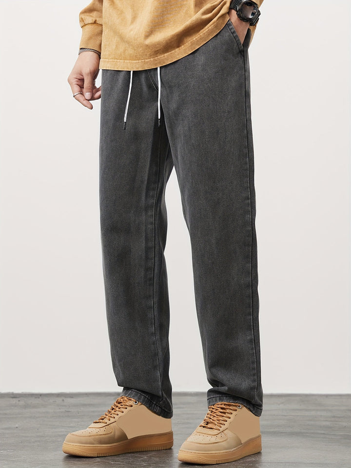 Men's Straight Leg Denim Jeans - Washed Look with Drawstring - Grey