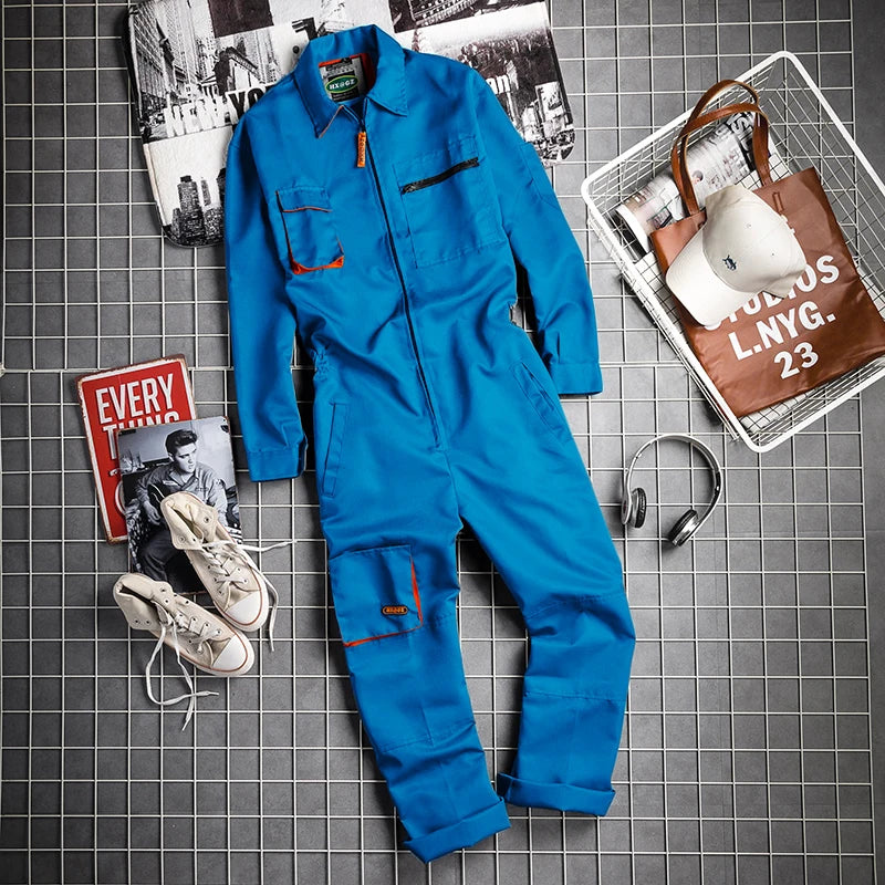 Men's Straight Overall with Zipper - Spring Work Wear - Light Blue