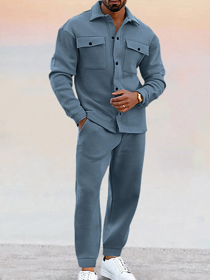 Men's Straight Two-Piece Set - Button-Up Spring Outfit - Blue