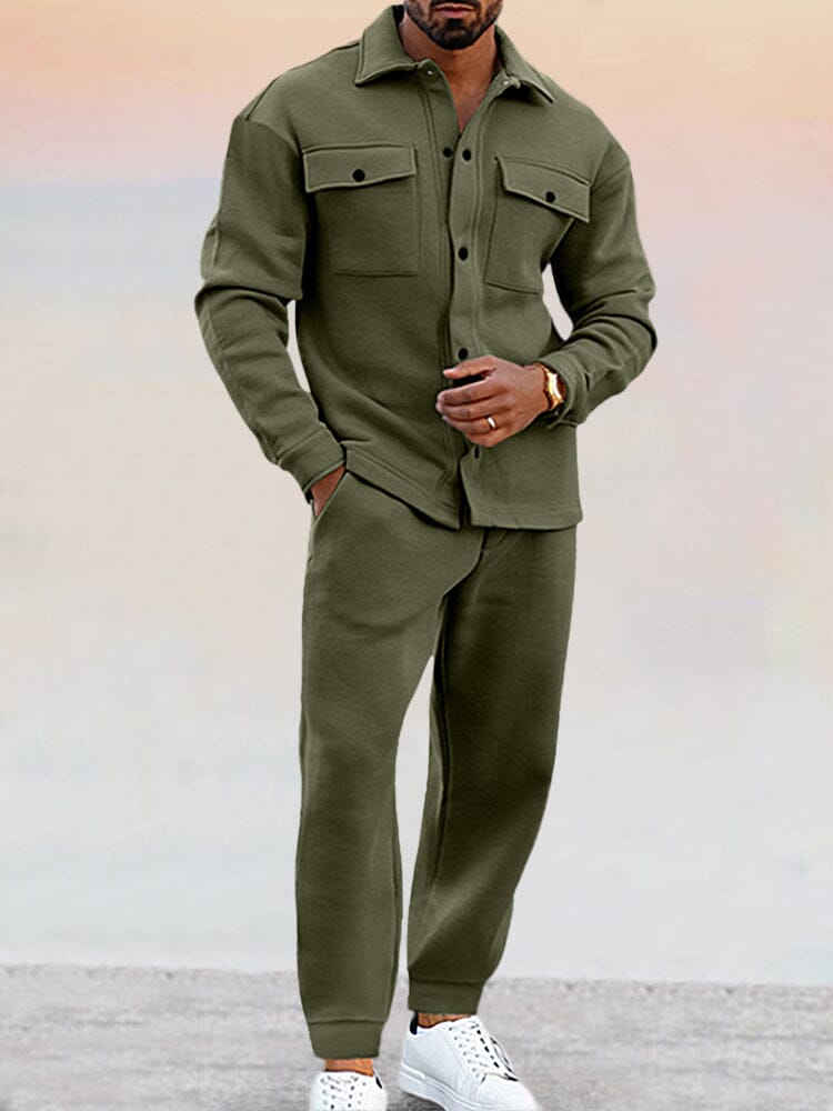 Men's Straight Two-Piece Set - Button-Up Spring Outfit - Green