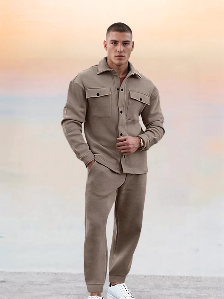 Men's Straight Two-Piece Set - Button-Up Spring Outfit - Khaki