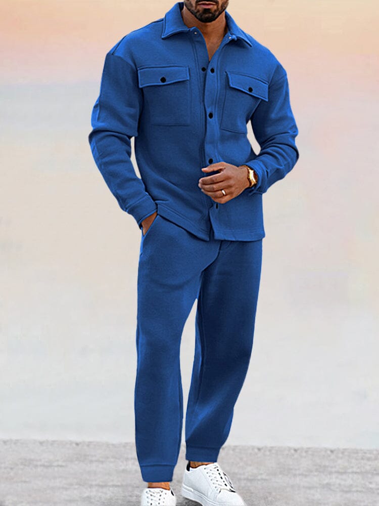 Men's Straight Two-Piece Set - Button-Up Spring Outfit - Royal Blue