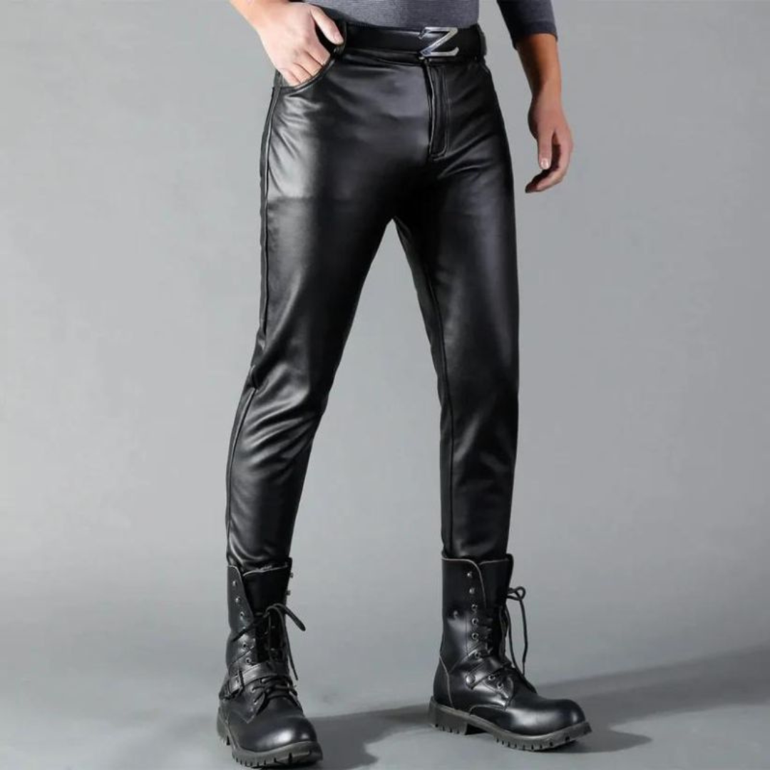 Men's Stretch PU Leather Pants - Slim Fit Black - Black