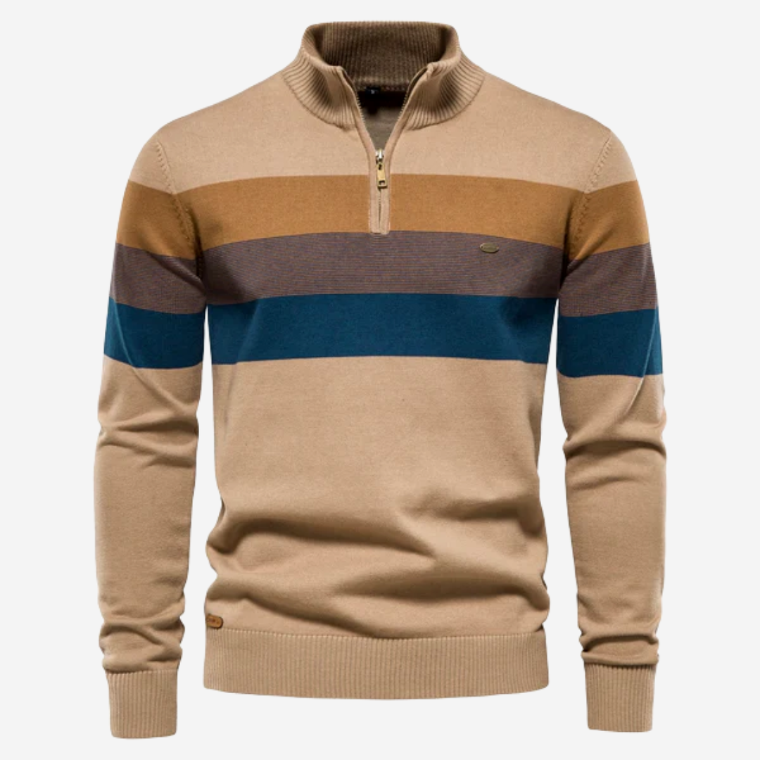Men's Striped Crew Neck Sweater - Casual Comfort - Khaki