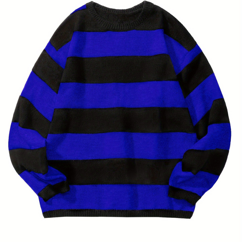 Men's Striped Crew Neck Sweater - Casual Knit - Blue