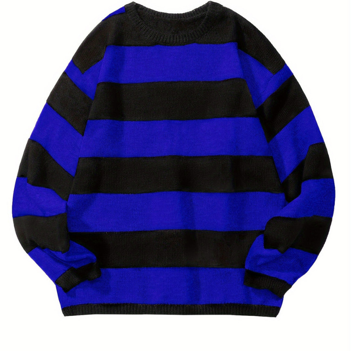 Men's Striped Crew Neck Sweater - Casual Knit - Blue