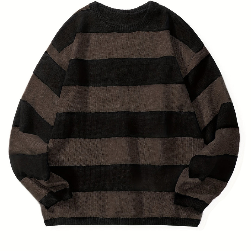 Men's Striped Crew Neck Sweater - Casual Knit - Brown 2