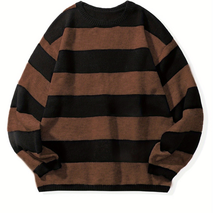 Men's Striped Crew Neck Sweater - Casual Knit - Brown