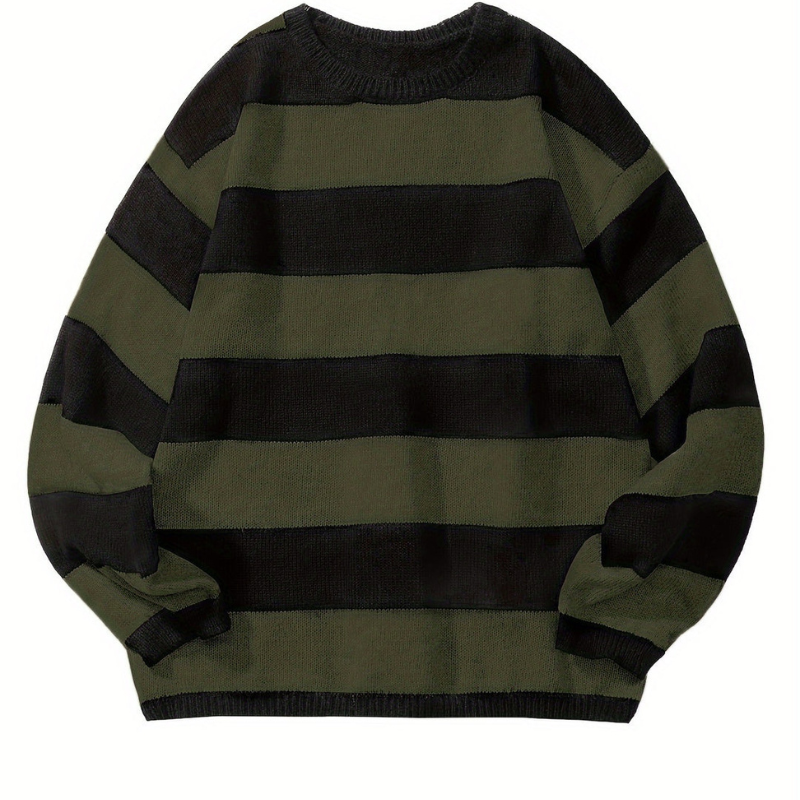 Men's Striped Crew Neck Sweater - Casual Knit - Green