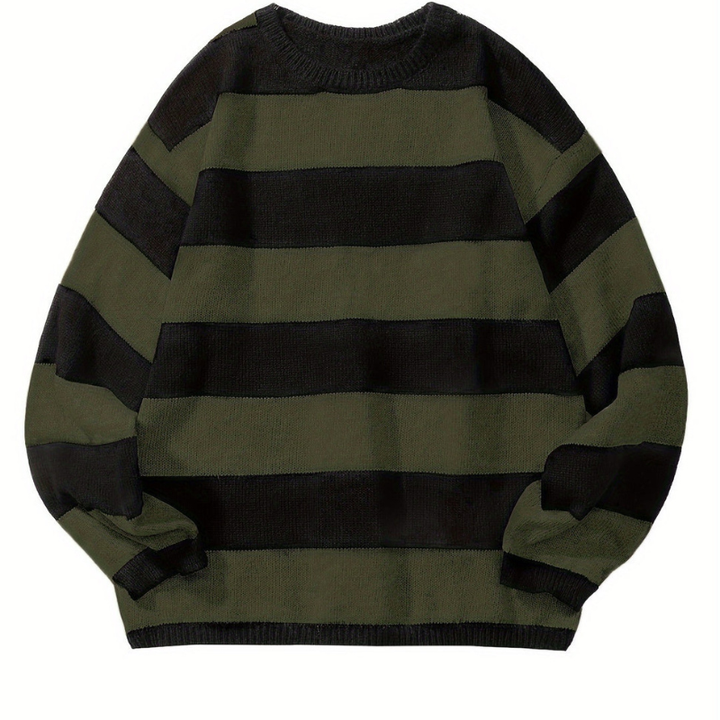 Men's Striped Crew Neck Sweater - Casual Knit - Green