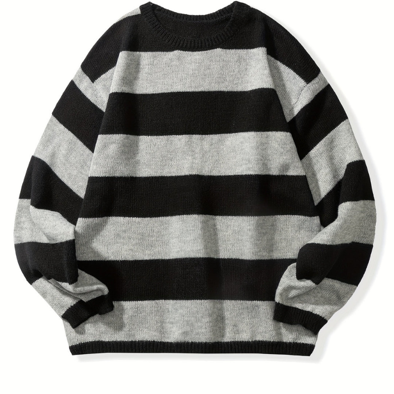 Men's Striped Crew Neck Sweater - Casual Knit - Grey