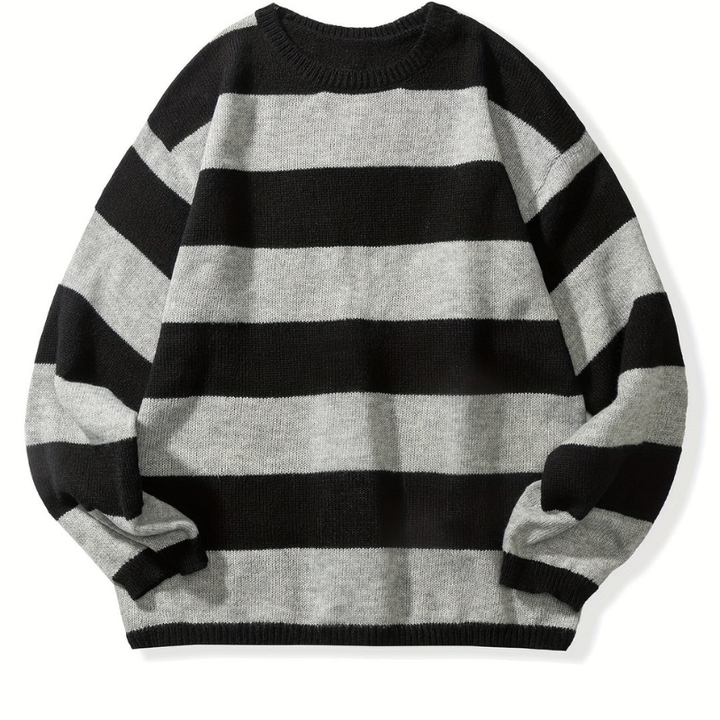 Men's Striped Crew Neck Sweater - Casual Knit - Grey