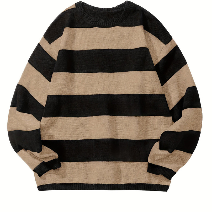 Men's Striped Crew Neck Sweater - Casual Knit - Khaki