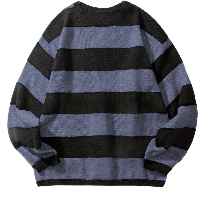 Men's Striped Crew Neck Sweater - Casual Knit - Navy
