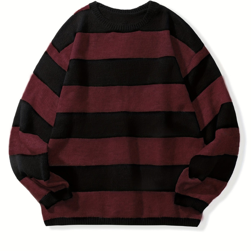 Men's Striped Crew Neck Sweater - Casual Knit - Red