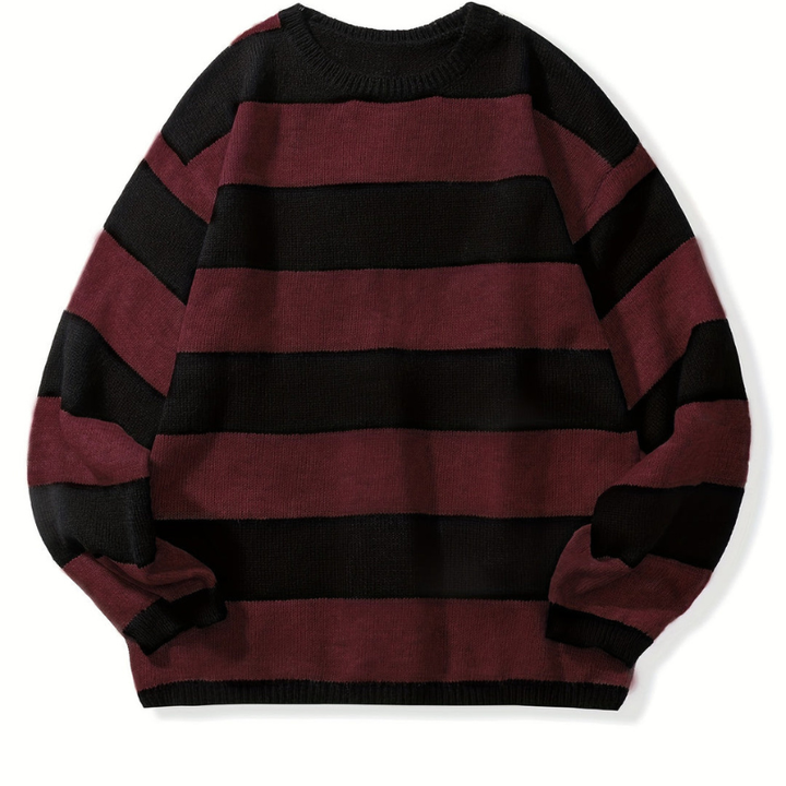 Men's Striped Crew Neck Sweater - Casual Knit - Red