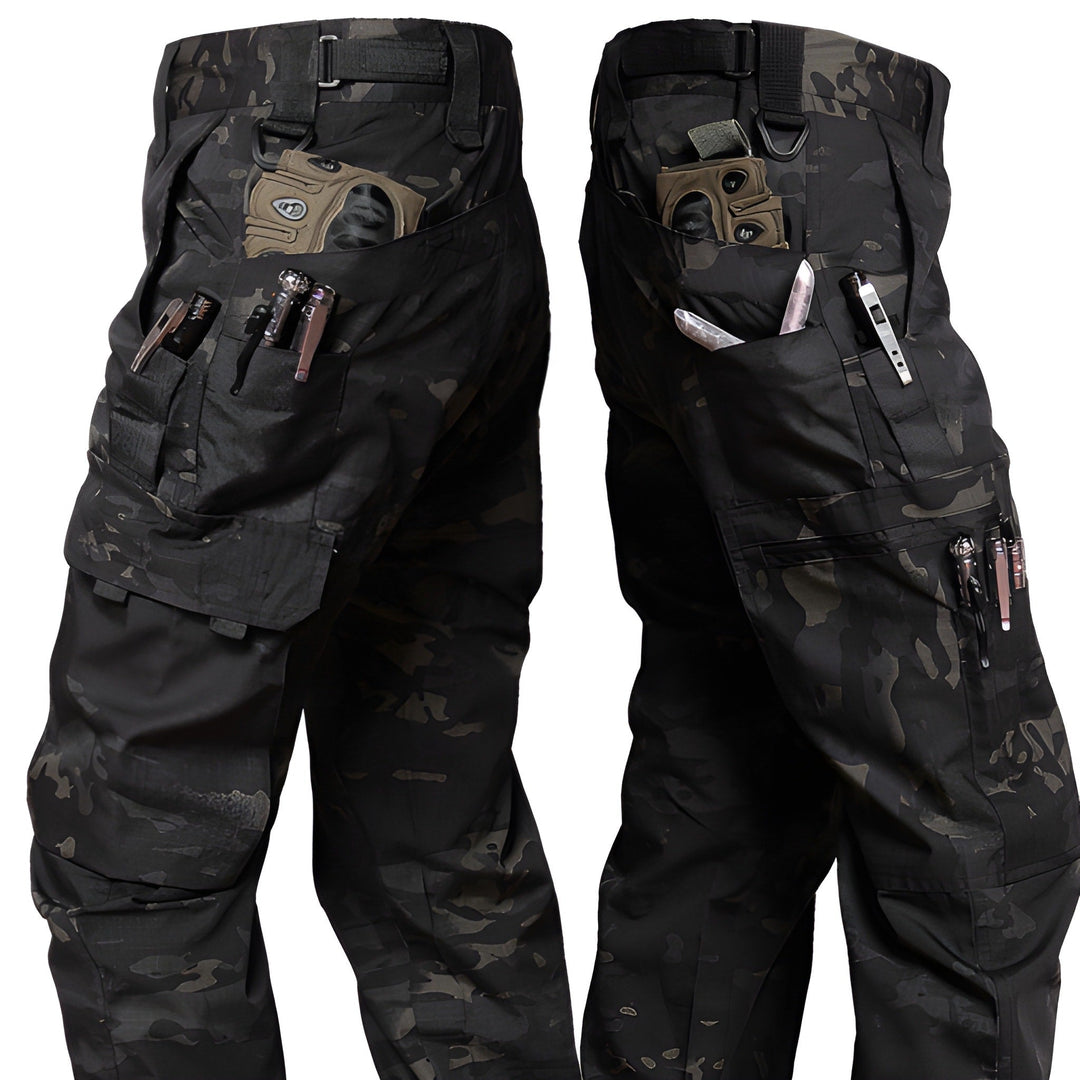 Men's Tactical Cargo Pants - Durable Outdoor Work Trousers - Black Camo