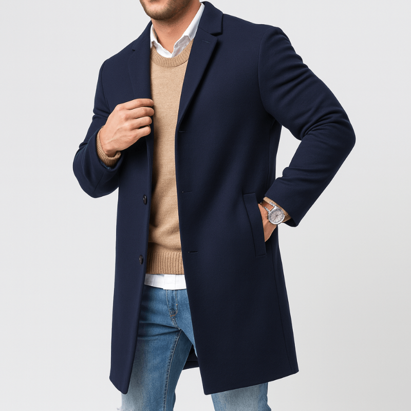 Men's Tailored Trench Coat - Winter Button Closure - Blue