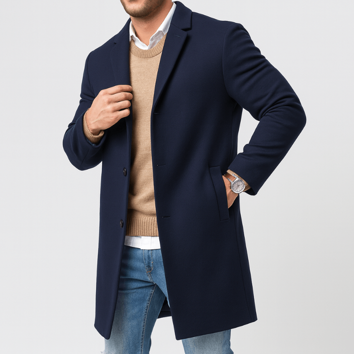 Men's Tailored Trench Coat - Winter Button Closure - Blue