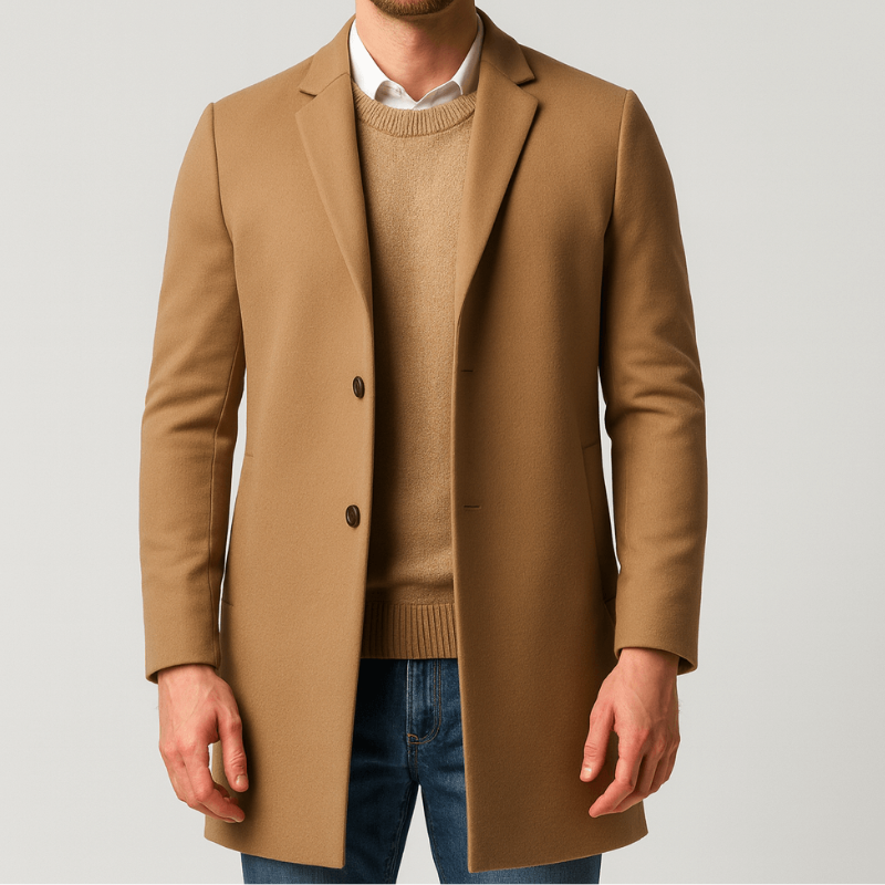Men's Tailored Trench Coat - Winter Button Closure - Khaki