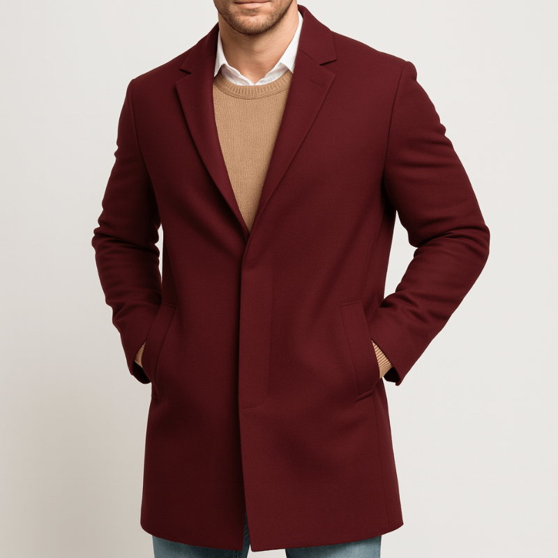 Men's Tailored Trench Coat - Winter Button Closure - Red