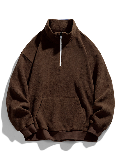 Men's Teddy Fleece Half-Zip Sweatshirt – Relaxed Fit - Dark Brown