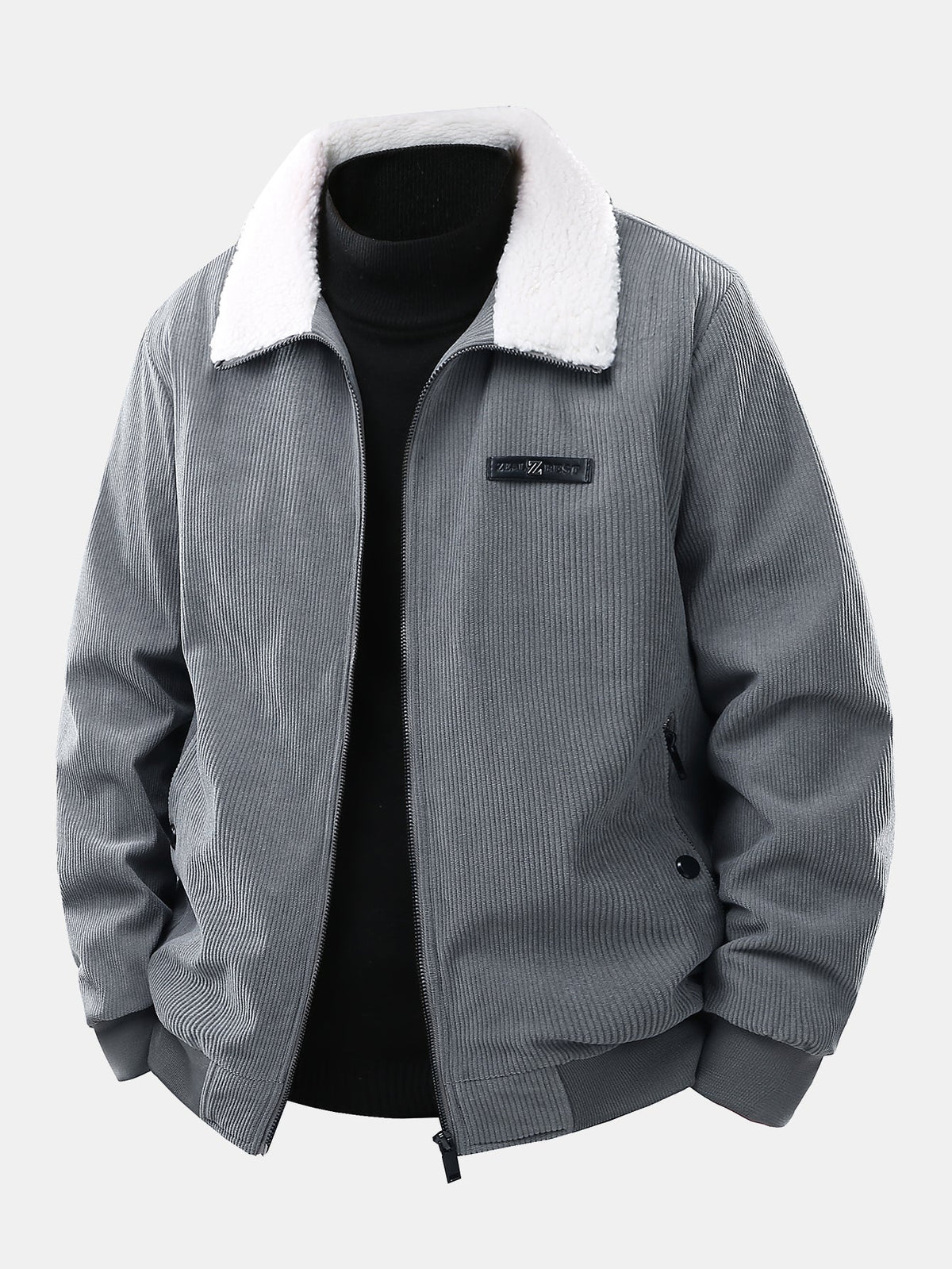 Men's Teddy Lined Corduroy Jacket – Zip-Up Short Jacket - Grey