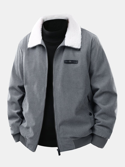 Men's Teddy Lined Corduroy Jacket – Zip-Up Short Jacket - Grey