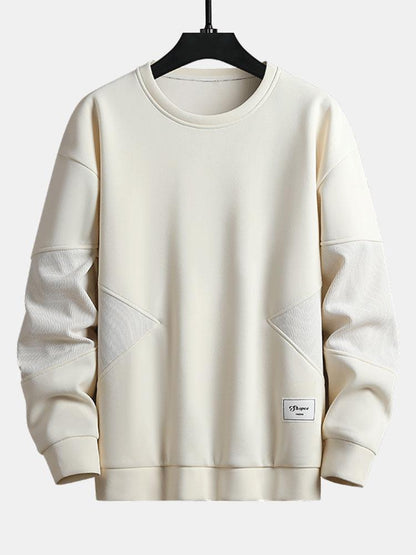Men's Textured Patchwork Crew Neck Sweatshirt – Relaxed Fit - Beige