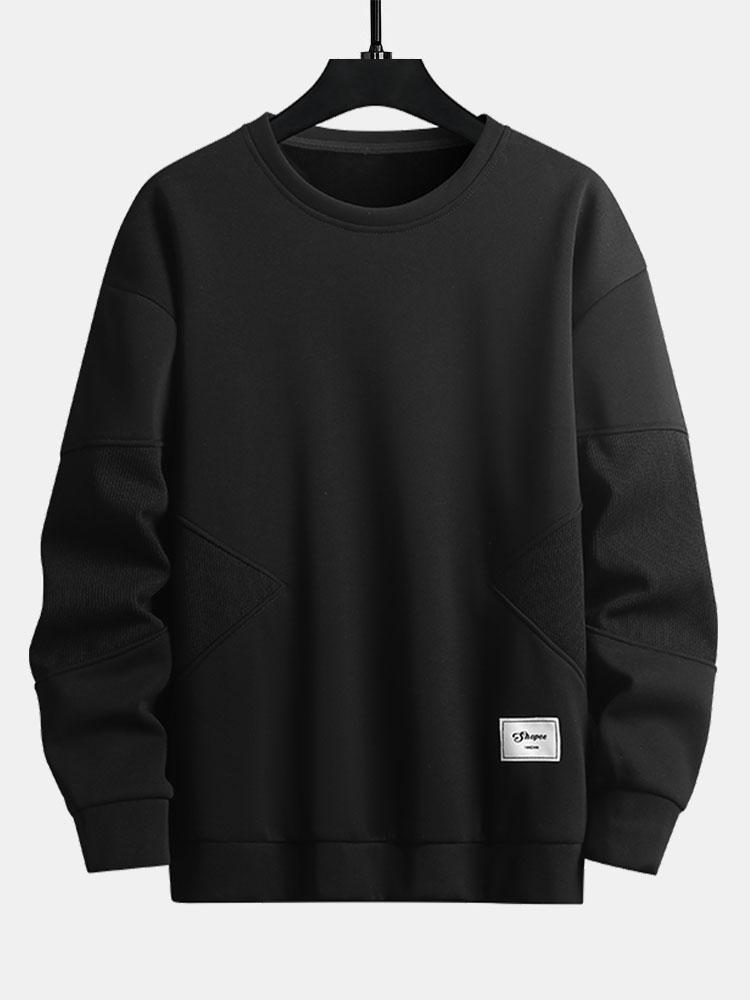 Men's Textured Patchwork Crew Neck Sweatshirt – Relaxed Fit - Black
