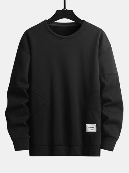 Men's Textured Patchwork Crew Neck Sweatshirt – Relaxed Fit - Black