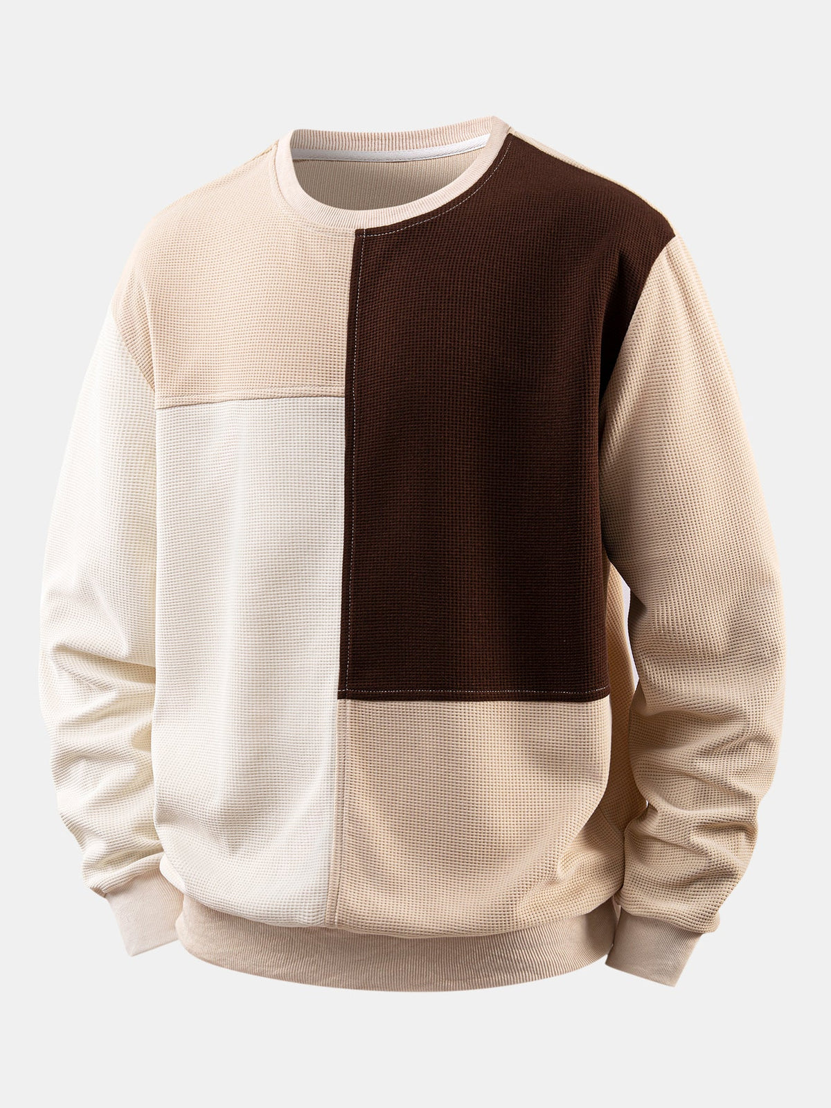 Men's Textured Waffle Sweatshirt with Patchwork Panels – Relaxed Fit - Beige