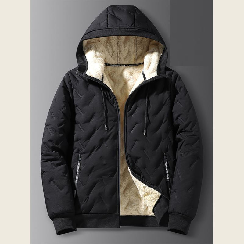 Men's Thermal Winter Jacket - Windproof Hooded Loose Fit - Black