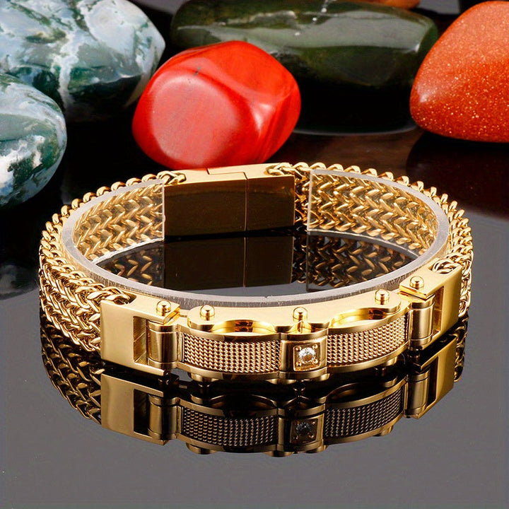 Men's Titanium Square Bracelet - Magnetic Closure - Gold