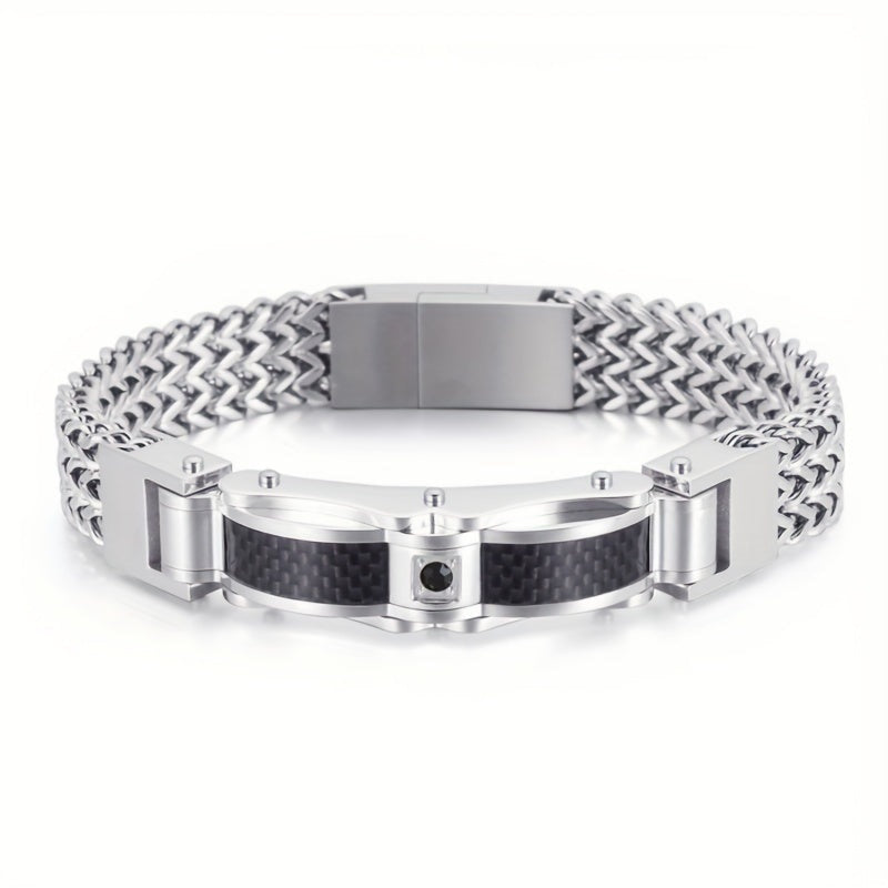 Men's Titanium Square Bracelet - Magnetic Closure - Silver + Black