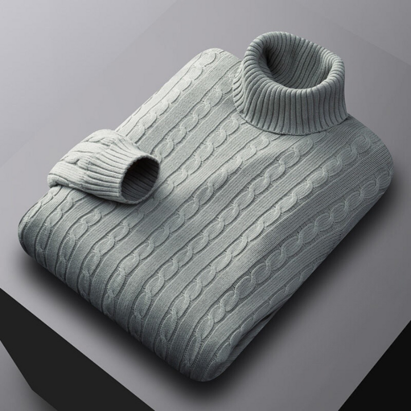 Men's Turtleneck Sweater - Loose Fit Knit - Light Grey