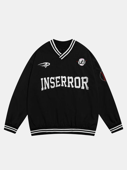 Men's V-Neck Baseball Sweatshirt – Oversized Graphic Pullover - Black