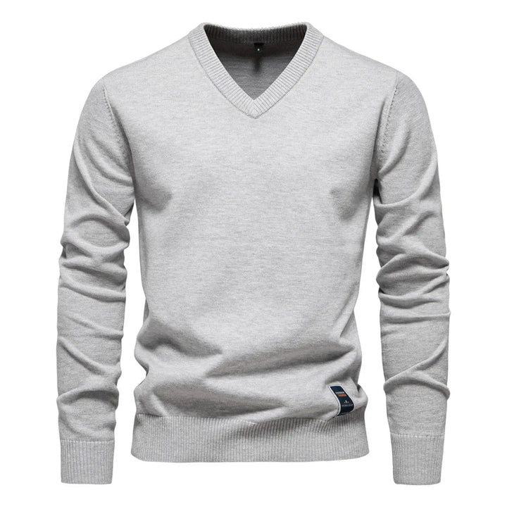 Men's V-Neck Sweater - Classic Refined Style - Light Grey