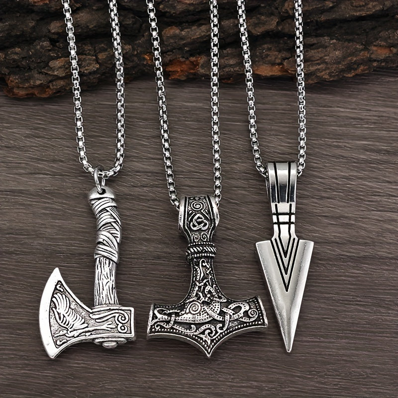 Men's Viking Chain Necklace Set - 3 Pendant Norse Symbols
