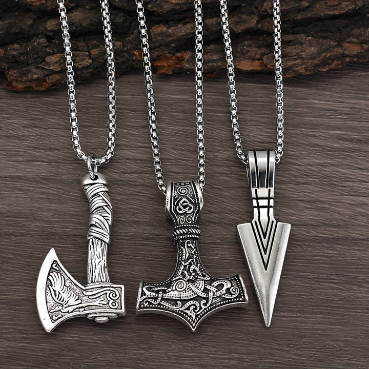 Men's Viking Chain Necklace Set - 3 Pendant Norse Symbols