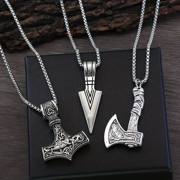 Men's Viking Chain Necklace Set - 3 Pendant Norse Symbols