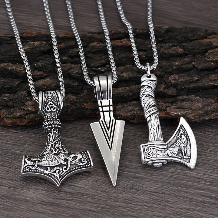 Men's Viking Chain Necklace Set - 3 Pendant Norse Symbols