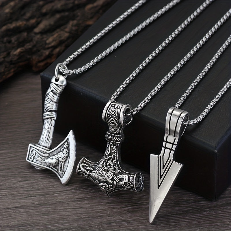Men's Viking Chain Necklace Set - 3 Pendant Norse Symbols - Silver