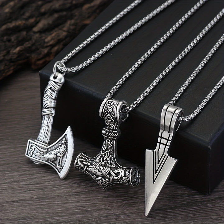Men's Viking Chain Necklace Set - 3 Pendant Norse Symbols - Silver