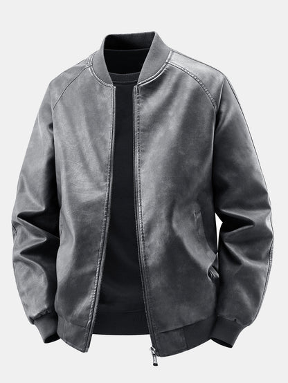 Men's Vintage Washed Faux Leather Bomber Jacket in dark grey, Relaxed Fit