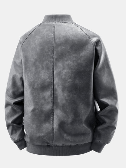 Men's Vintage Washed Faux Leather Bomber Jacket - Relaxed Fit
